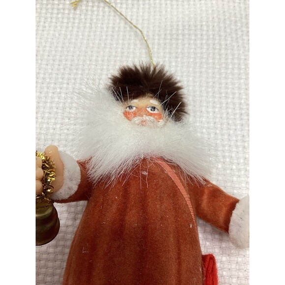 Flocked Plastic Old World Santa Christmas Ornament With Fur Hat & Bell 5” - Picture 8 of 12